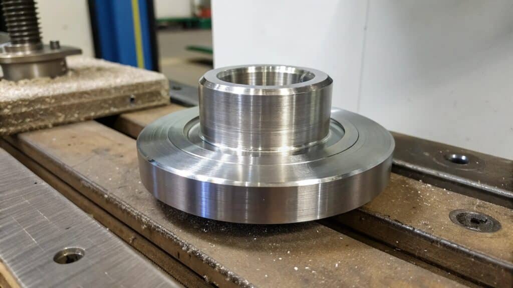 alt with keywords: CNC machine precisely shaping a forged aluminum component